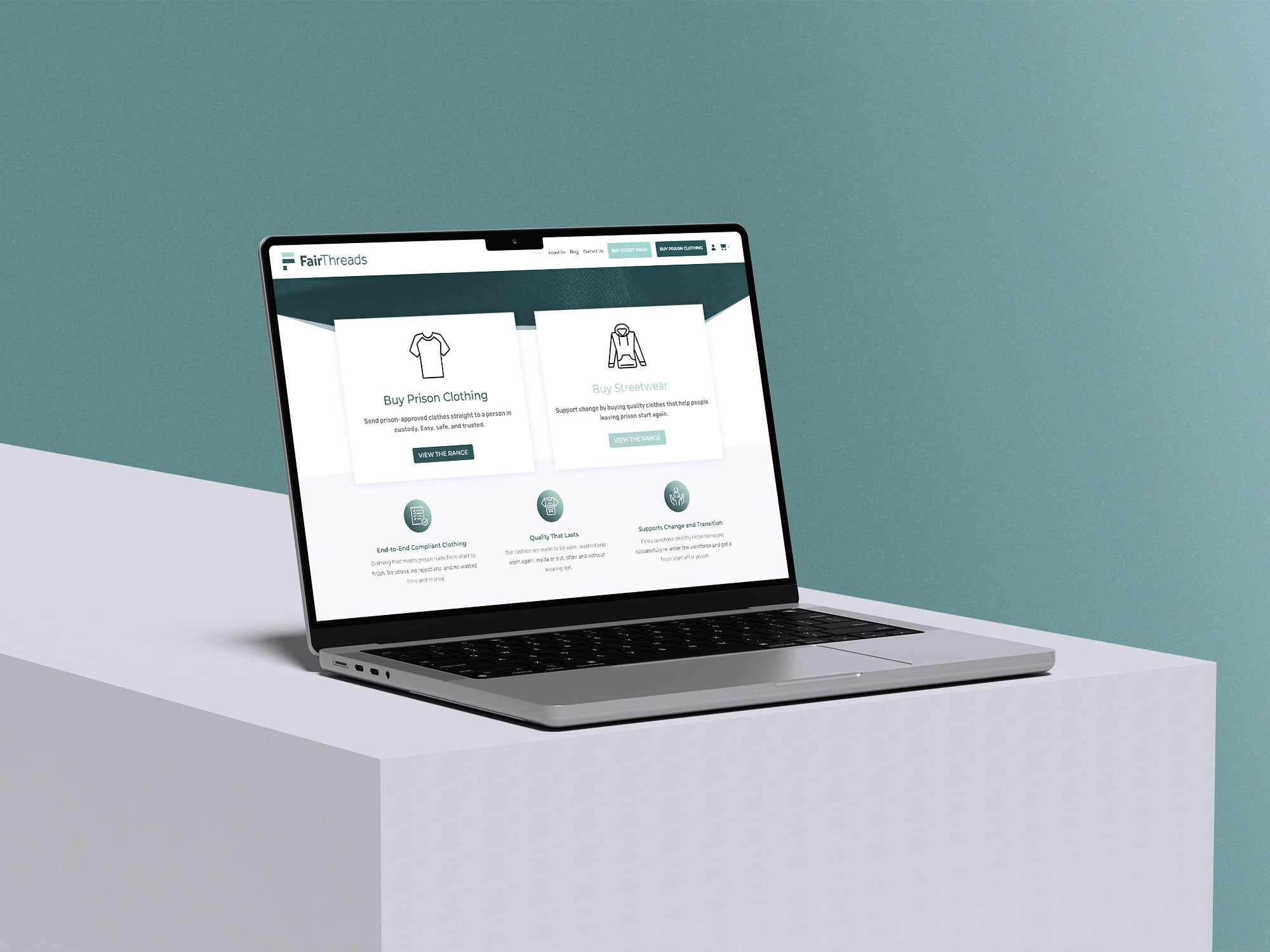 FAIRTHREADS_LAPTOP_MOCKUP Showcasing the Fair Threads ecommerce website that Propeld built using WooCommerce & WordPress.